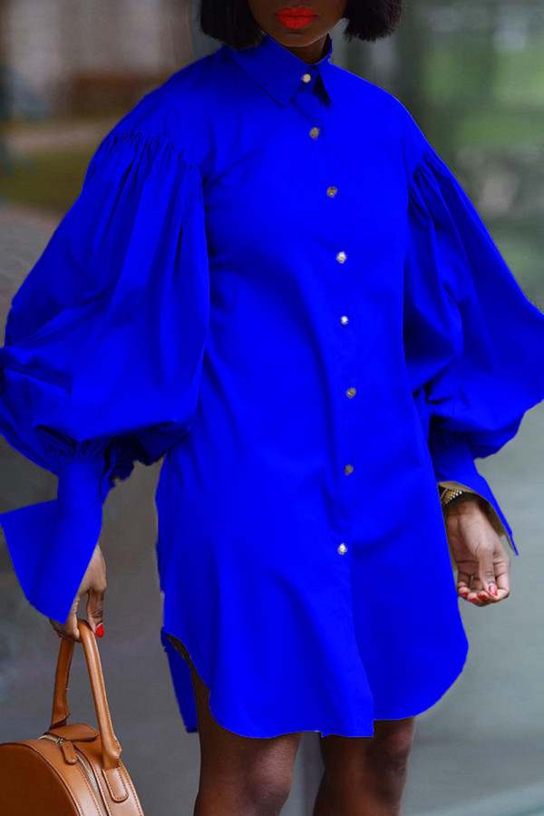 Синее модное повседневное однотонное асимметричное платье-рубашка с отложным воротником