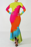 Vestidos multicoloridos moda casual estampa assimétrica gola alta manga longa