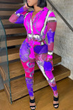 Lila sexy bedruckte, reguläre Jumpsuits mit Patchwork-Schnalle und Umlegekragen