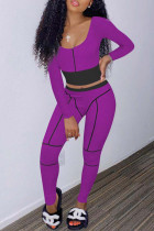 Пурпурный Повседневная спортивная одежда Однотонный Пэчворк O-образный вырез Длинный рукав Из двух частей