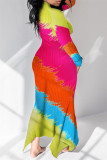 Многоцветная мода Повседневная печать Асимметричная водолазка с длинным рукавом Платья
