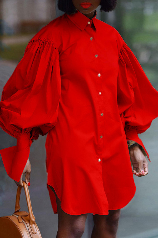 Красное модное повседневное однотонное асимметричное платье-рубашка с отложным воротником