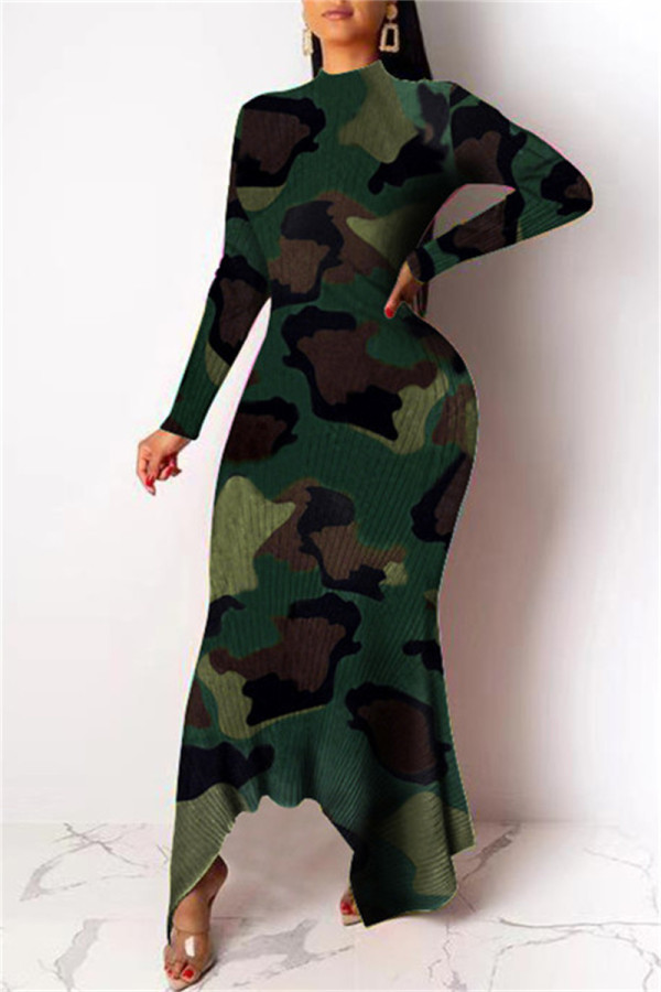 Camouflage Mode Casual Print Asymmetrische Coltrui Jurken met Lange Mouwen