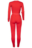 Red Casual Solid Patchwork Zipper U Neck Long Sleeve Two Pieces