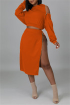 オレンジ ファッション カジュアル ソリッド パッチワーク ジッパー フード付きカラー ロング スリーブ XNUMX ピース