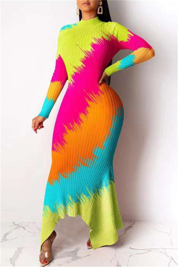 Multicolor Fashion Casual Print Asymmetrische Rollkragen-Langarmkleider