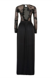 Schwarze Mode Sexy Patchwork Pailletten Durchsichtiges rückenfreies Abendkleid mit O-Ausschnitt und Schlitz