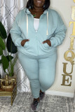 Light Blue Fashion Casual Solid Cardigan Pants Hooded Collar Plus Size Two Pieces