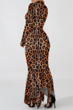Vestidos de manga comprida com estampa de leopardo moda casual estampa assimétrica