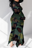 ヒョウ柄ファッションカジュアルプリント非対称タートルネック長袖ドレス