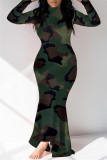 Vestidos de manga comprida com estampa casual moda camuflagem assimétrica gola alta