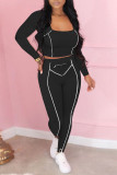 Black Casual Solid Patchwork Zipper U Neck Long Sleeve Two Pieces