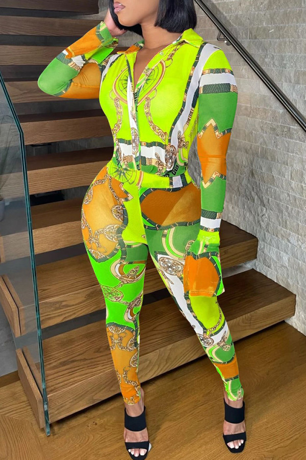Grüner, normaler Jumpsuit mit sexy Aufdruck und Patchwork-Schnalle, Umlegekragen