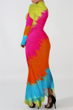 Vestidos multicoloridos moda casual estampa assimétrica gola alta manga longa