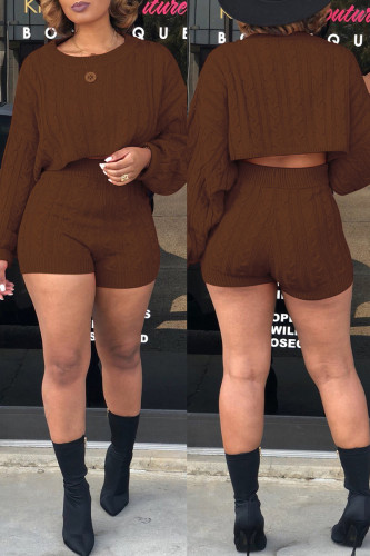 Brown Fashion Casual Solid Basic O Neck Long Sleeve Two Pieces