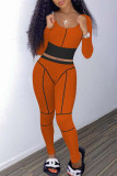 Orange Casual Sportswear Solid Patchwork O-hals långärmad två delar