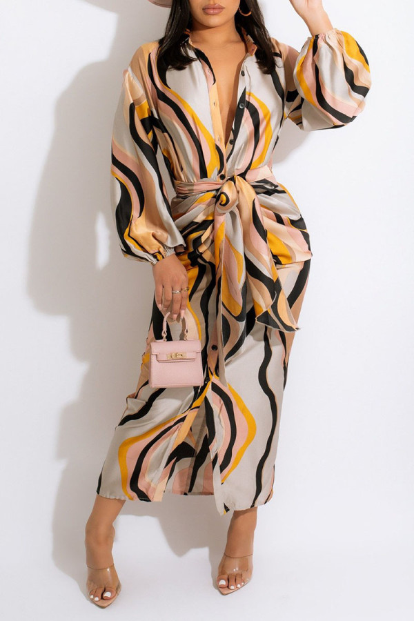 Абрикосовый повседневный принт с пряжкой в ​​стиле пэчворк и поясом с отложным воротником Рубашка Платье Платья