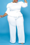 White Fashion Casual Solid Bandage O Neck Plus Size Two Pieces