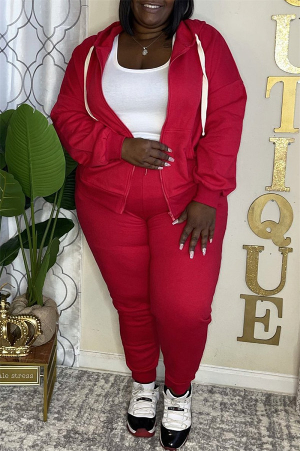 Red Fashion Casual Solid Cardigan Pants Hooded Collar Plus Size Two Pieces