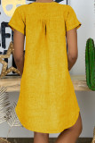 Robes de jupe de lanterne à col en V en patchwork solide décontracté jaune