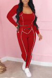 Red Casual Solid Patchwork Zipper U Neck Long Sleeve Two Pieces