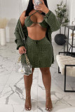 Olive Green Sexy Solid Patchwork Halter Long Sleeve Three Pieces