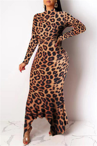 Abiti a maniche lunghe a collo alto asimmetrico con stampa casual alla moda con stampa leopardata