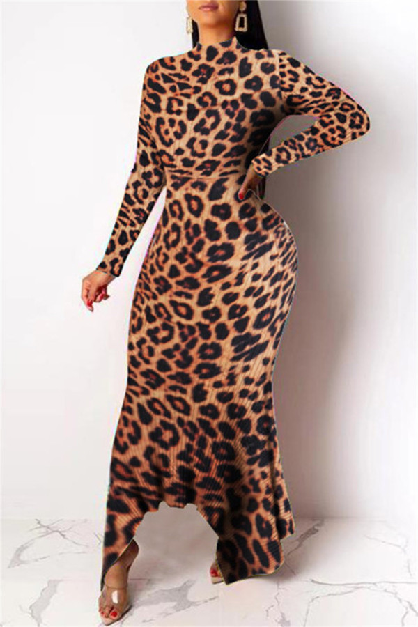 Леопардовый принт Мода Повседневная печать Асимметричная водолазка с длинным рукавом Платья