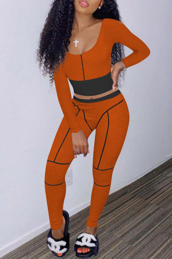 Оранжевый Повседневная спортивная одежда Однотонный Пэчворк Круглый вырез С длинным рукавом Из двух частей