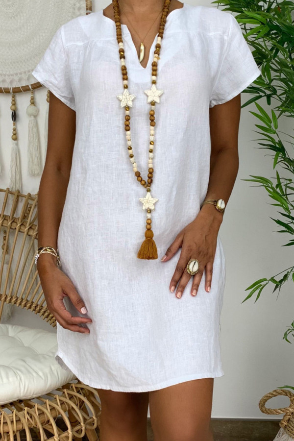 Vestidos de falda de linterna con cuello en V de patchwork sólido casual de moda blanco
