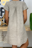 イエローファッションカジュアルソリッドパッチワークVネックランタンスカートドレス