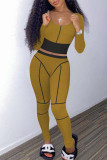 Земляно-желтый Повседневная спортивная одежда Однотонный Пэчворк О-образный вырез С длинным рукавом Из двух частей