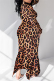 Estampado de leopardo Moda Estampado casual Cuello alto asimétrico Vestidos de manga larga