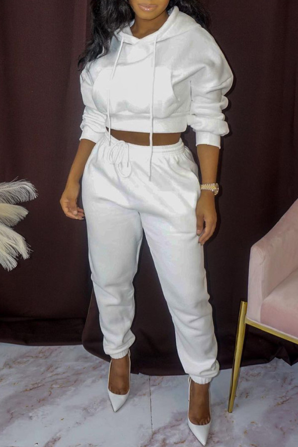 ホワイトファッションカジュアルソリッドベーシックフード付きカラー長袖ツーピース