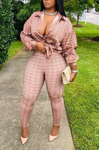 Brown Casual Print Patchwork Turndown Collar Long Sleeve Two Pieces