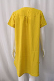 Robes de jupe de lanterne à col en V en patchwork solide décontracté jaune