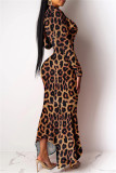Estampado de leopardo Moda Estampado casual Cuello alto asimétrico Vestidos de manga larga
