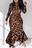 マルチカラーファッションカジュアルプリント非対称タートルネック長袖ドレス