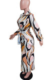 Apricot Casual Print Patchwork Buckle With Belt Turndown Collar Shirt Dress Dresses