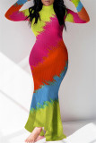 Vestidos de manga larga de cuello alto asimétrico con estampado casual de moda multicolor