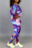 Фиолетовый модный повседневный принт тай-дай косой воротник с длинным рукавом из двух частей