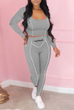 Grey Casual Solid Patchwork Zipper U Neck Long Sleeve Two Pieces