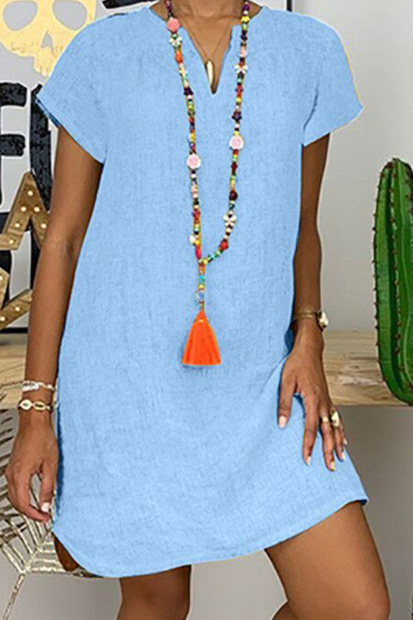 Robes de jupe de lanterne de col en V en patchwork solide à la mode bleu bébé