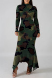マルチカラーファッションカジュアルプリント非対称タートルネック長袖ドレス