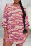 Pink Fashion Casual Camouflage Print Basic O-Ausschnitt Langarm-Kleider