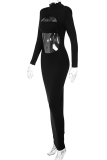 Black Sexy Solid Patchwork O Neck Pencil Skirt Dresses