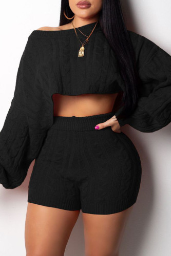 Black Fashion Casual Solid Basic O Neck Long Sleeve Two Pieces