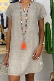 ホワイトファッションカジュアルソリッドパッチワークVネックランタンスカートドレス