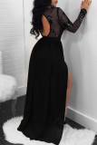 Black Fashion Sexy Patchwork Sequins See-through Backless Slit O Neck Evening Dress