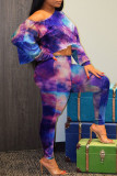 Púrpura Moda casual Estampado teñido anudado Cuello oblicuo Manga larga Dos piezas